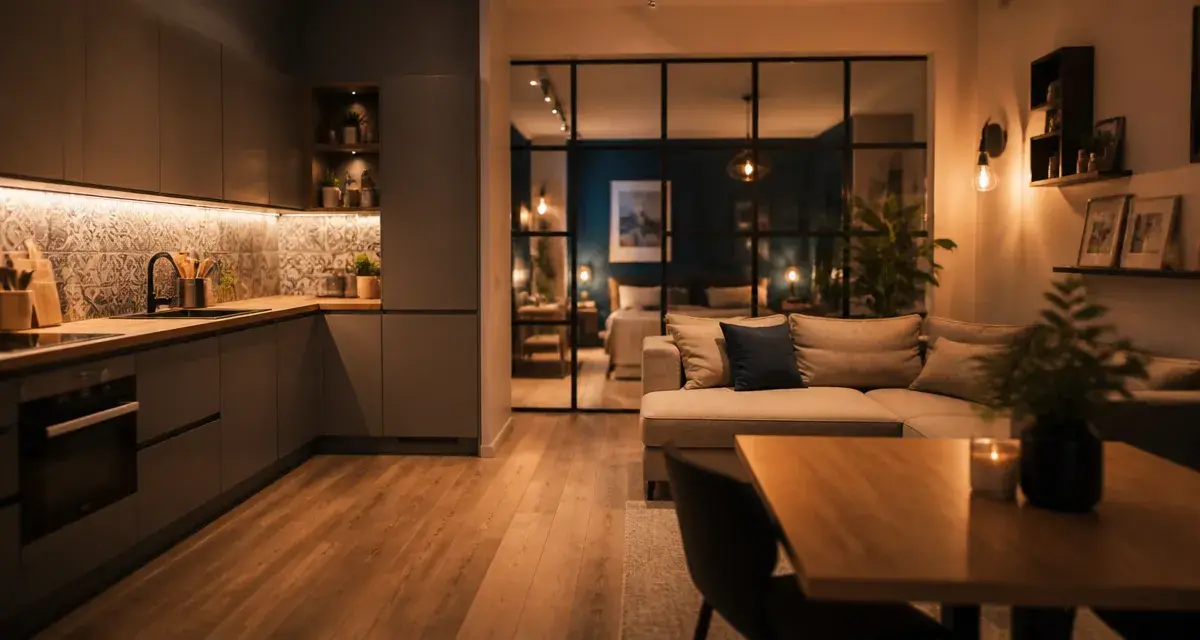 Salon cuisine ouverte 25m2, cuisine en L et passage libre