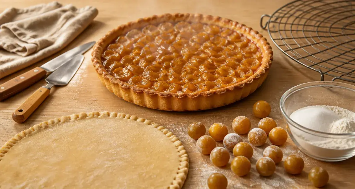 Tarte au mirabelles congelées dorée, sortie du four