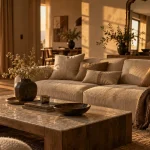Déco salon chic et charme : bois patiné, lumière douce, velours et grège