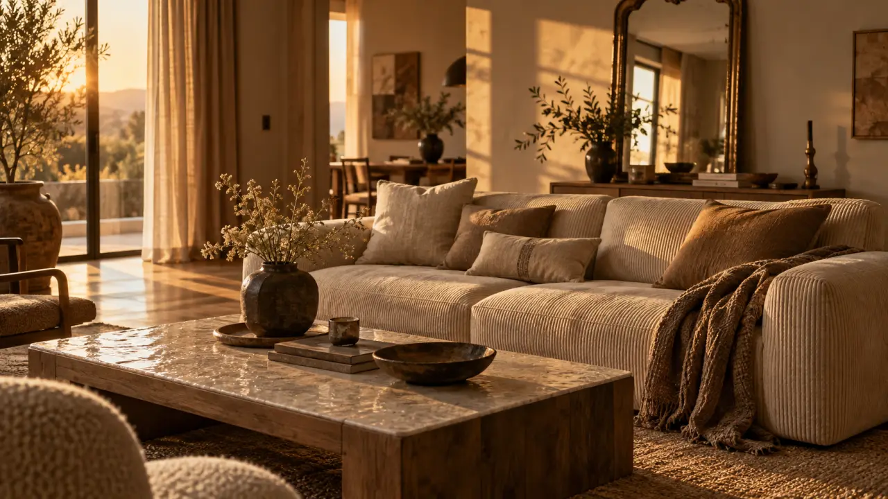Déco salon chic et charme : bois patiné, lumière douce, velours et grège