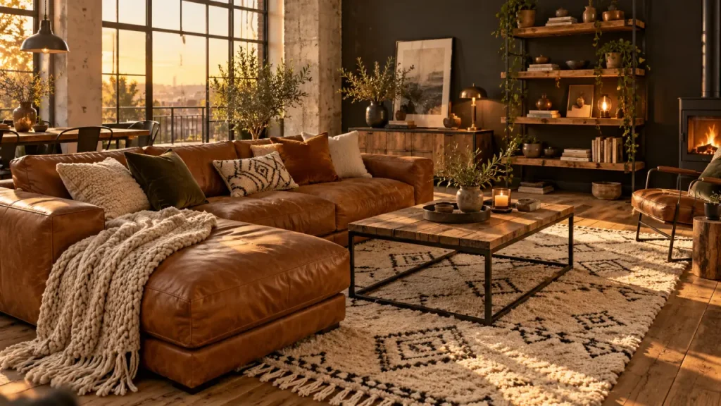 Déco salon industriel cocooning : associer matériaux bruts et confort doux