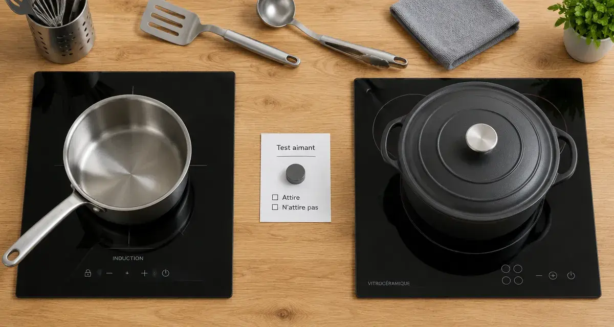 Différence induction et vitro : casseroles et aimant sur plaques