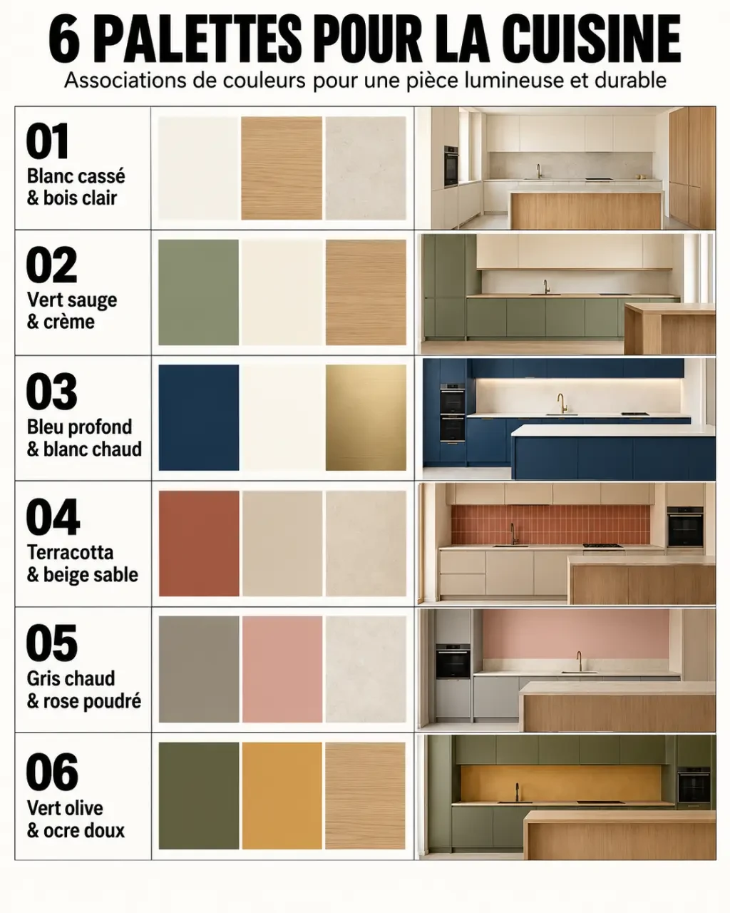 Idée peinture pour cuisine : six palettes de couleurs avec vert sauge, bleu profond, terracotta et blanc cassé