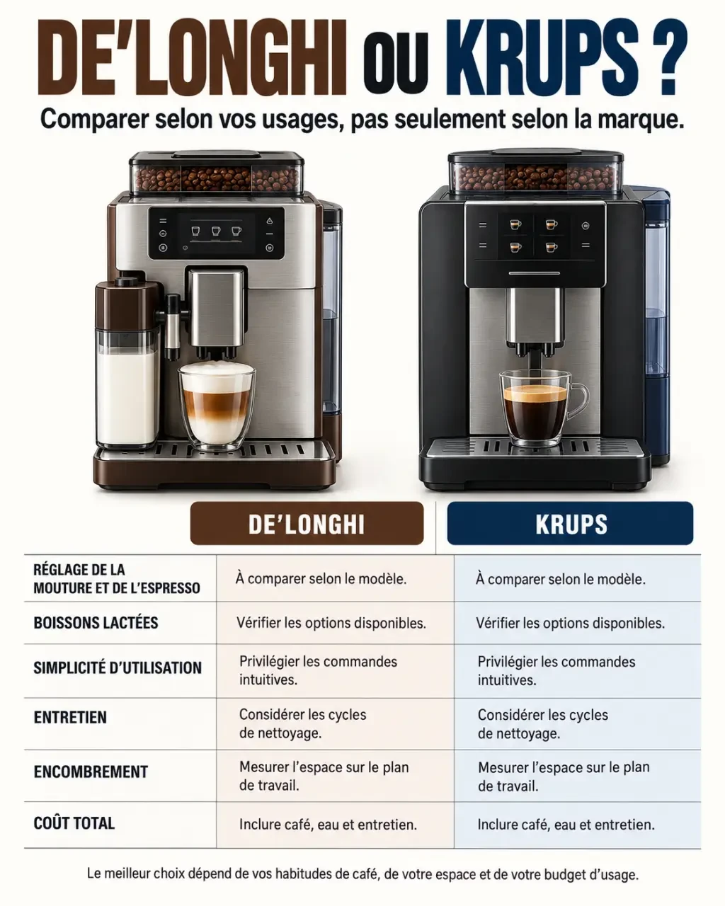 Infographie comparative DeLonghi ou Krups selon les réglages, l’entretien et les boissons
