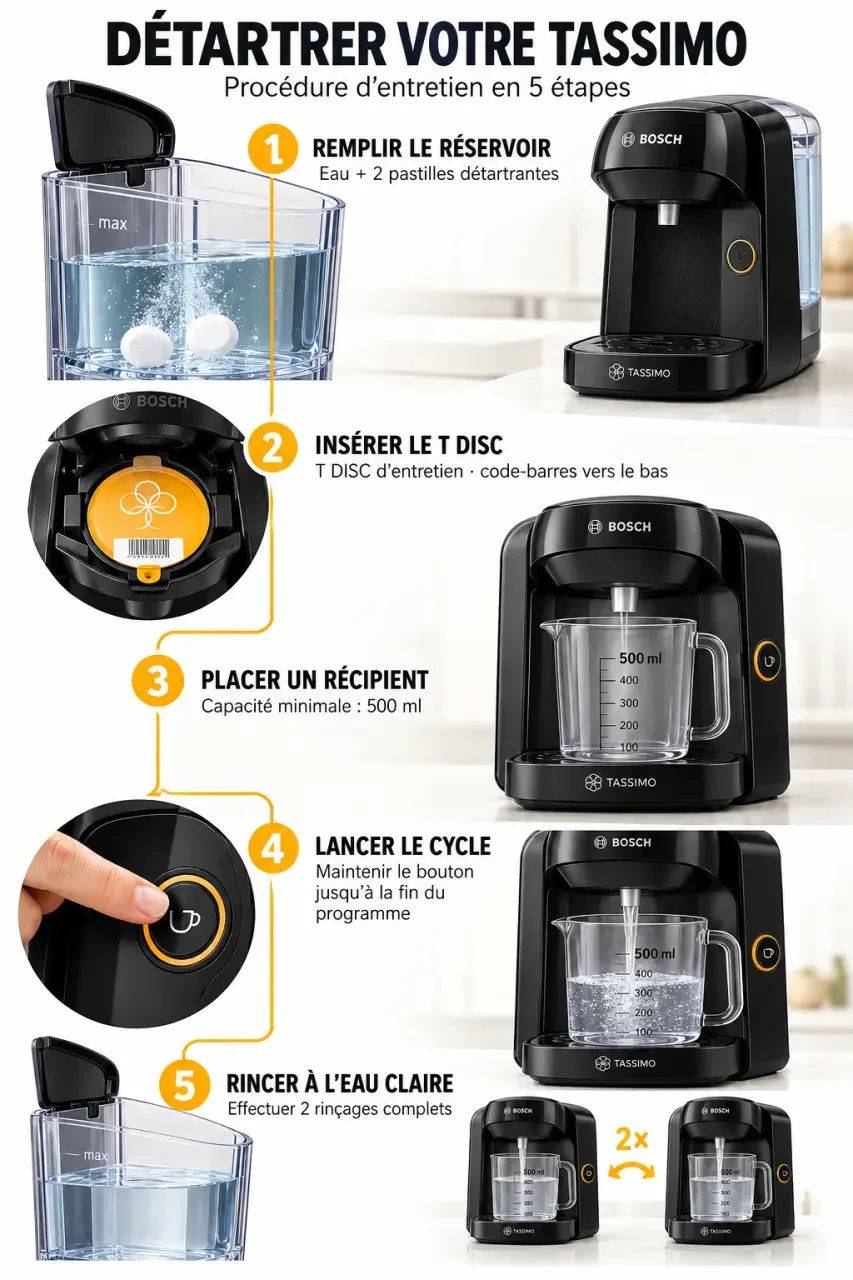Illustration des étapes du détartrage et du calcaire Tassimo avec T DISC d’entretien et rinçages