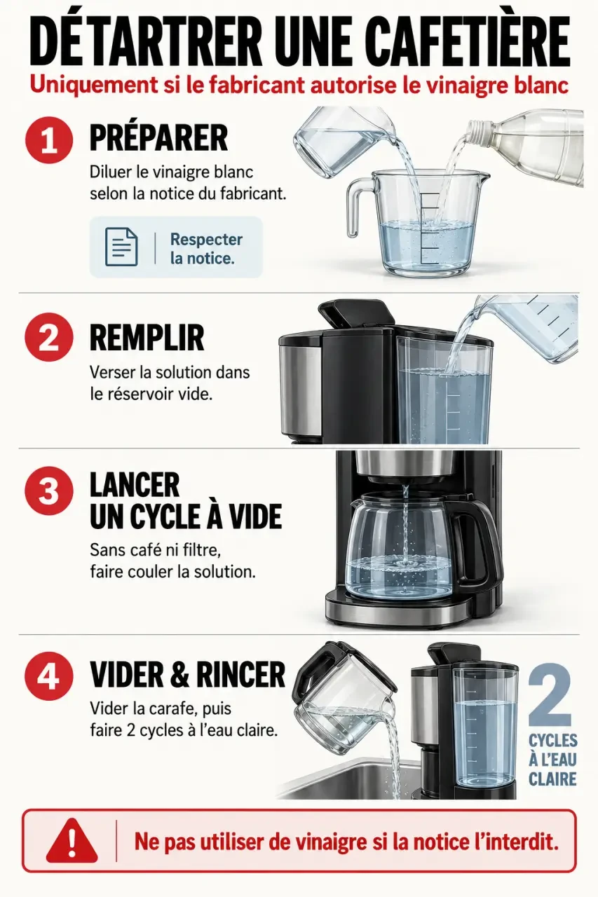 Étapes pour détartrer avec du vinaigre blanc une cafetière compatible