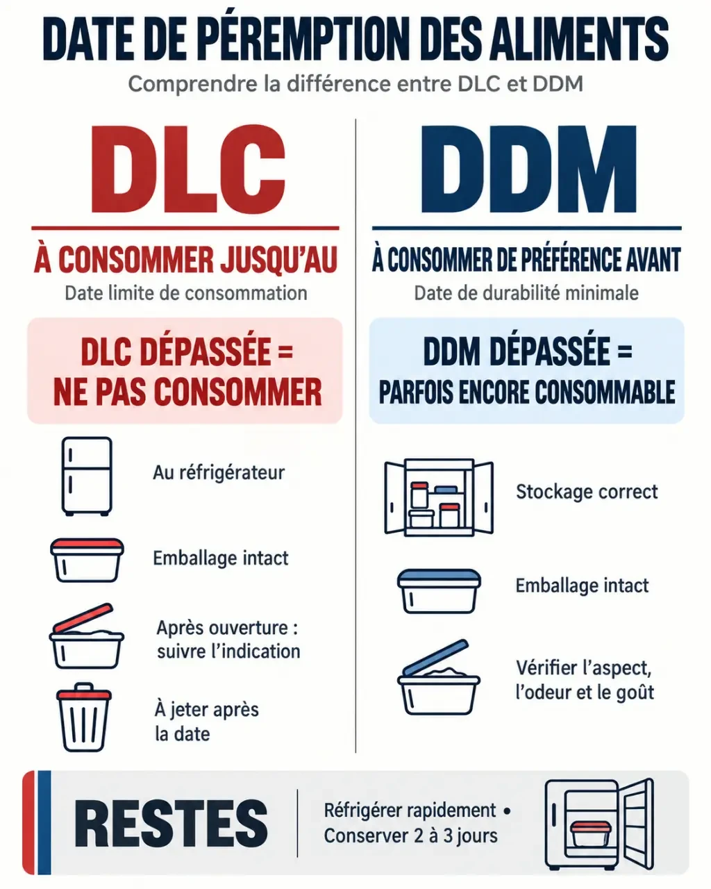 Tableau date de péremption des aliments avec différence entre DLC et DDM
