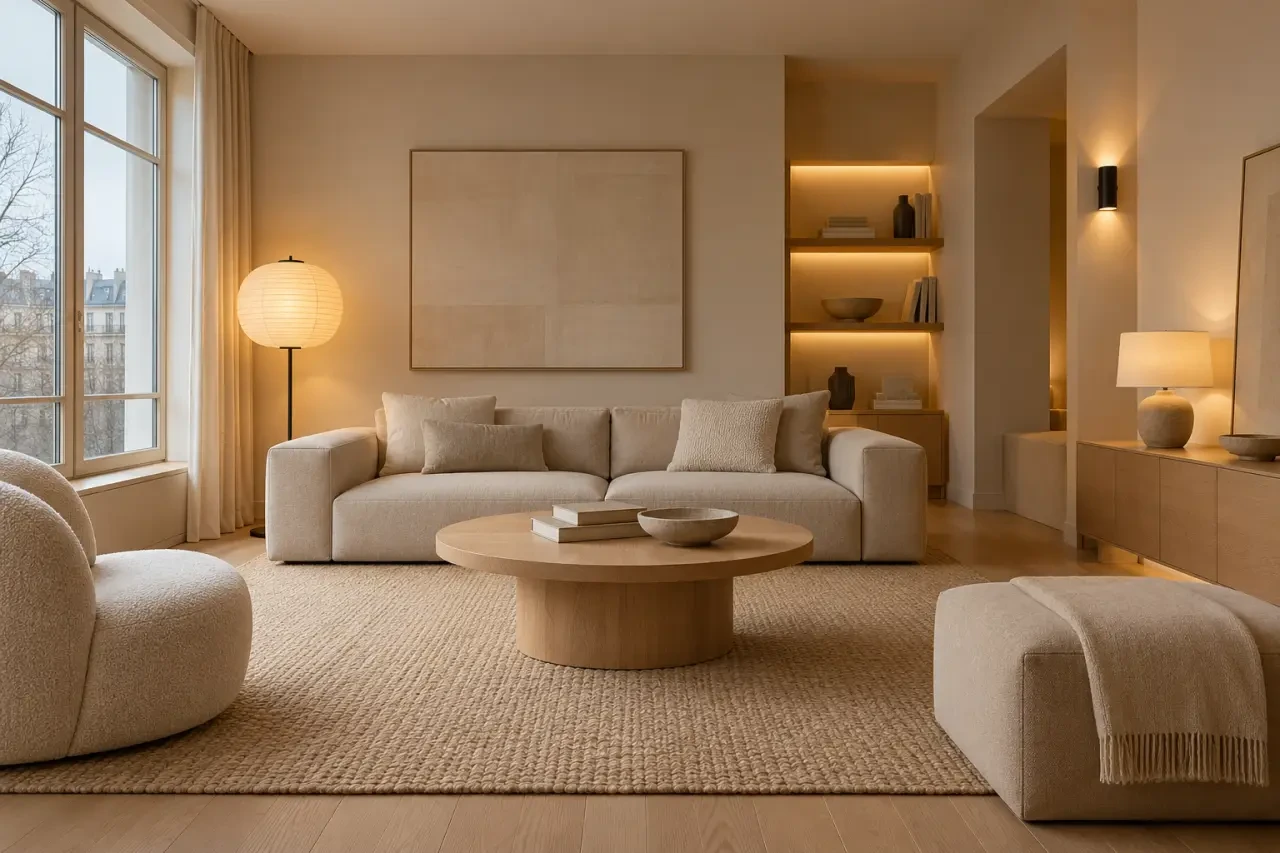 Salon couleur peinture beige sable dans une pièce sombre avec canapé et bois clair