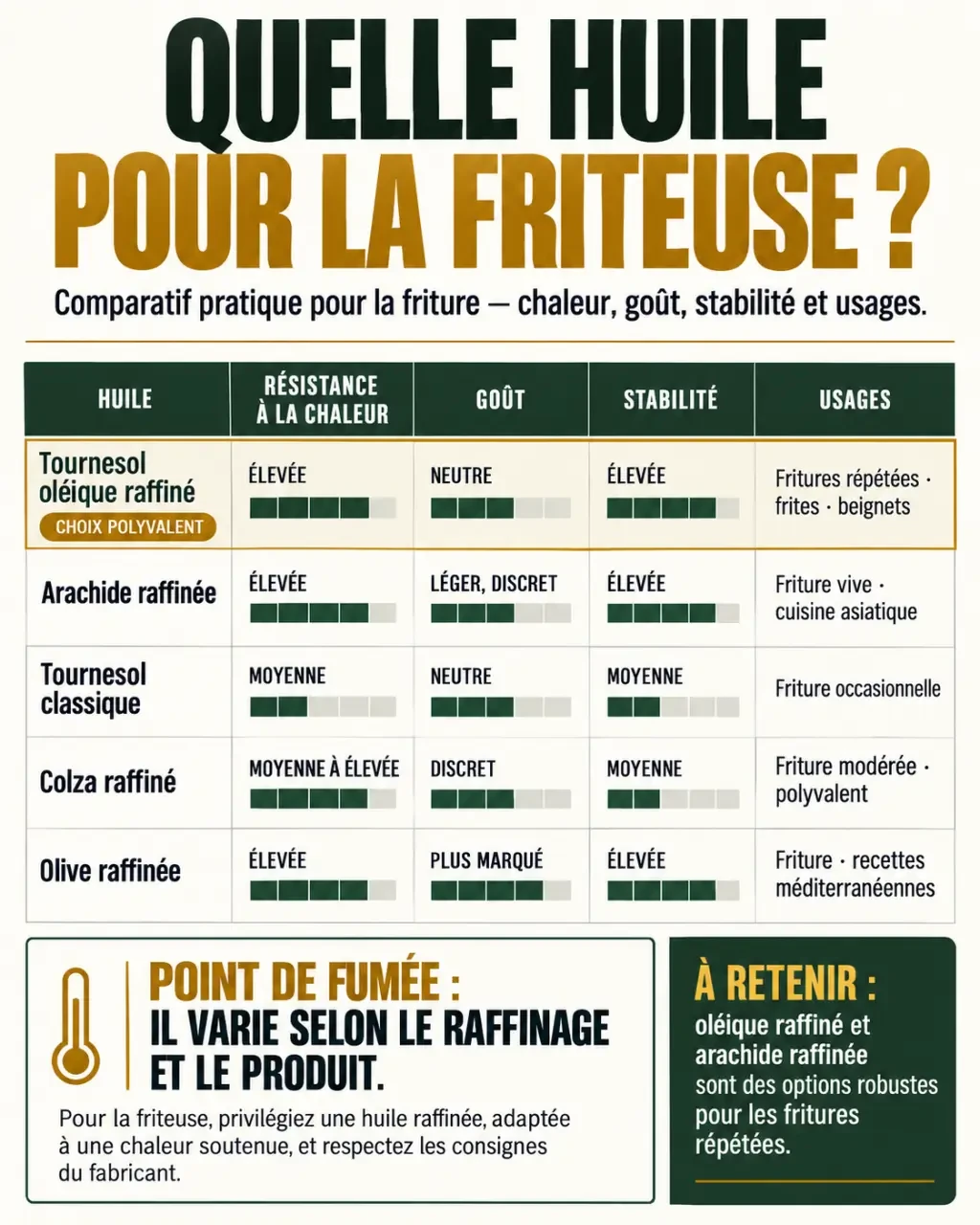 Infographie comparative sur la meilleure huile pour friteuse et sa résistance à la chaleur