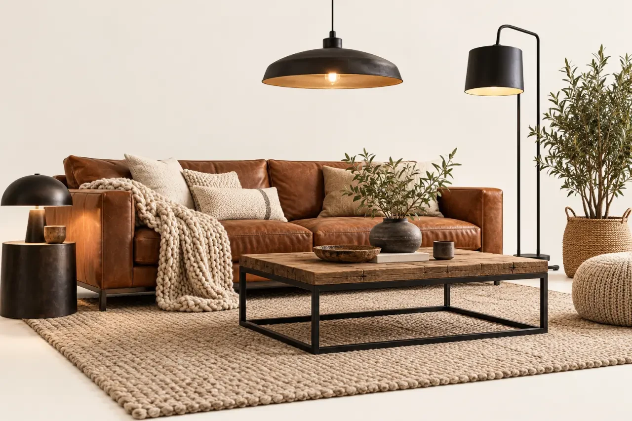 Salon industriel cocooning avec bois, métal, tapis et éclairage chaleureux