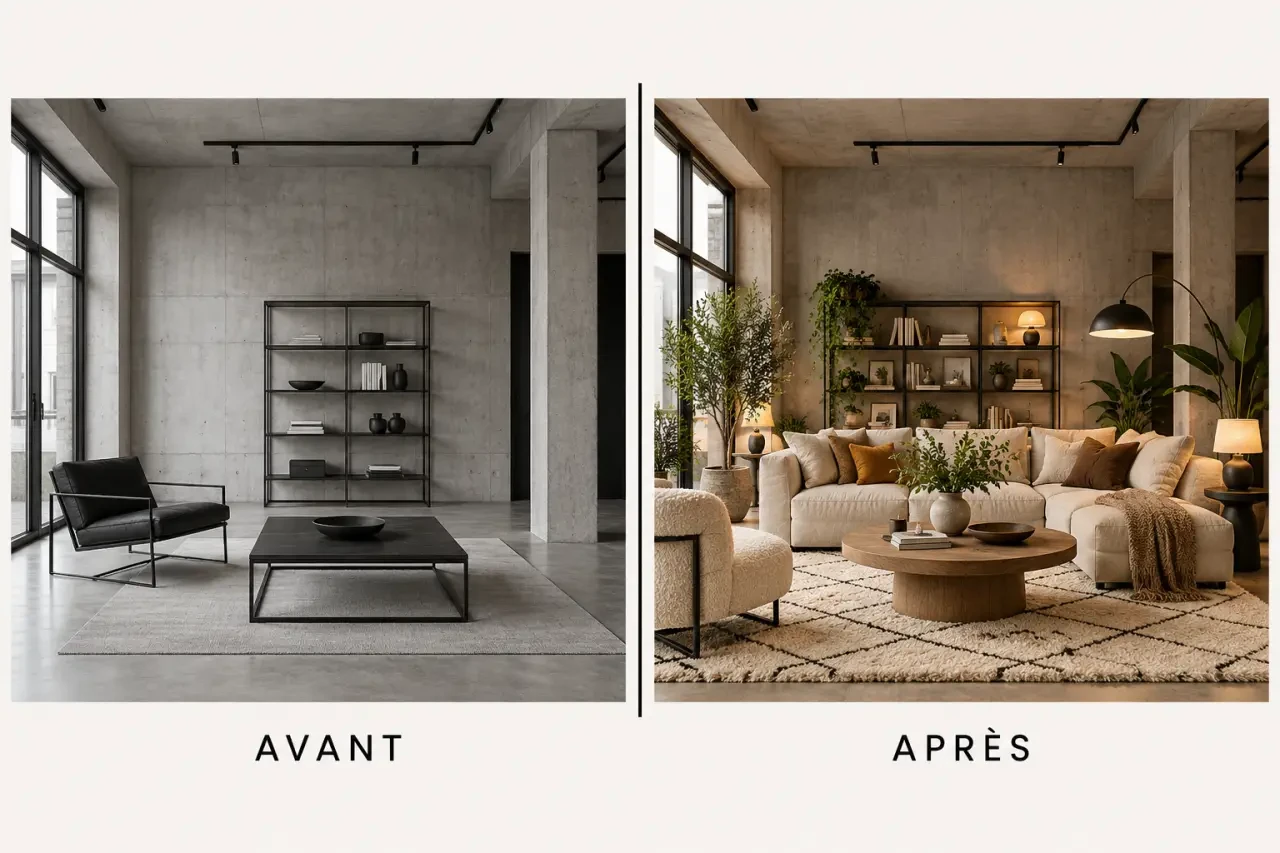Avant après d’une déco de salon industriel cocooning