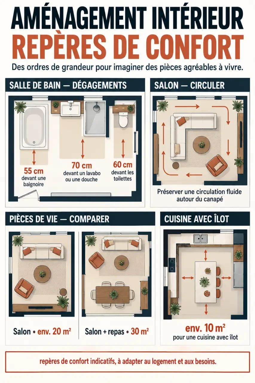 Infographie sur les repères d'aménagement intérieur et les distances de circulation par pièce