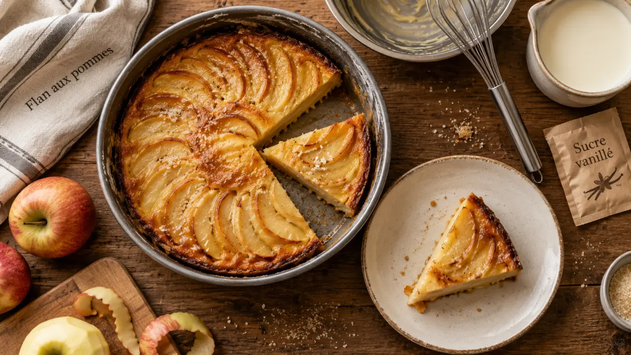 Flan aux pommes fondant, dessus doré, tranches de pommes
