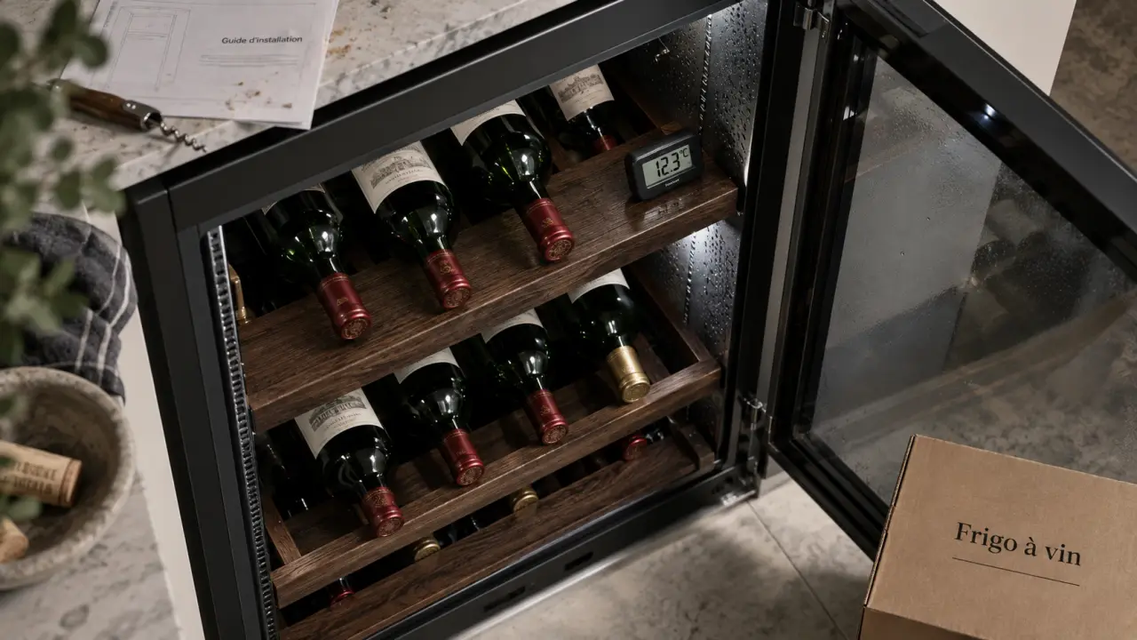 Frigo à vin encastrable ouvert : clayettes et bouteilles