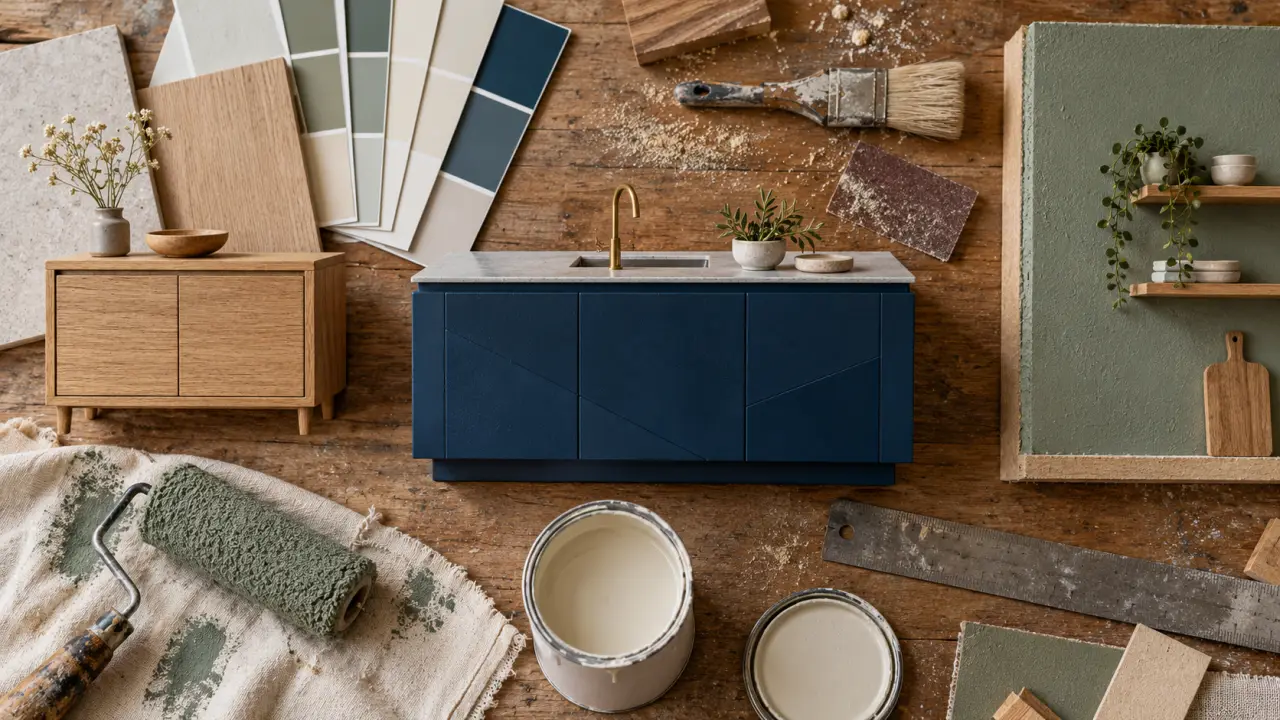 Idee peinture pour cuisine : palettes et échantillons de couleurs sur mur de cuisine