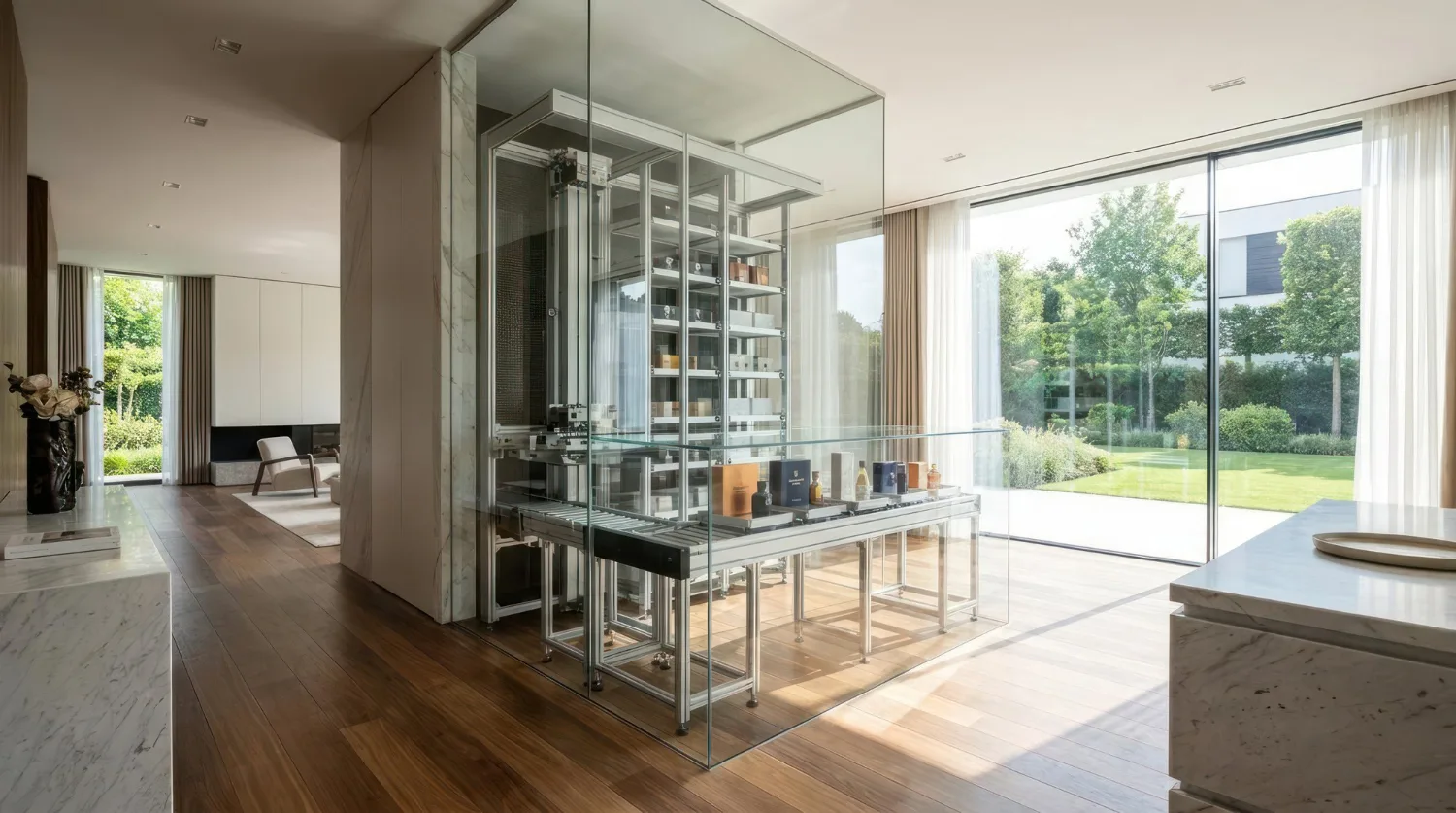 Intérieur de maison moderne de luxe avec murs en verre et vue sur le jardin