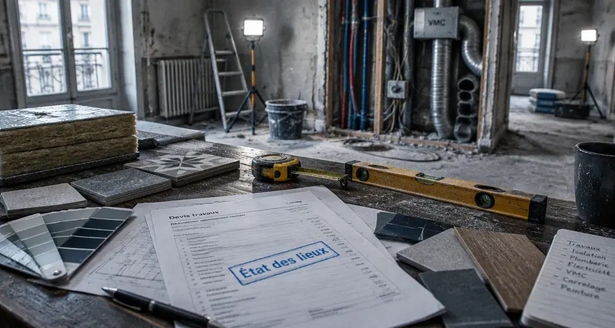 Rénovation interieur : table de chantier avec devis, isolation et état des lieux