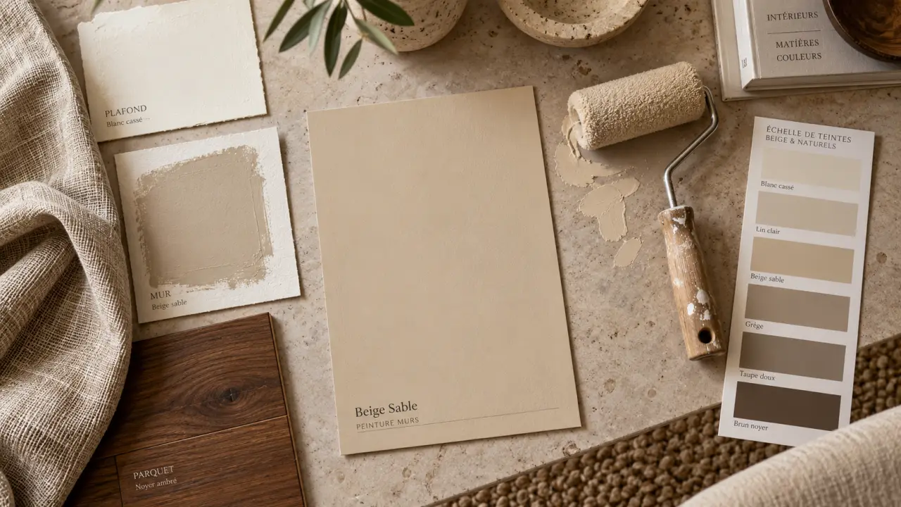 Salon couleur peinture : test beige sable et blanc cassé, rouleau et échantillons