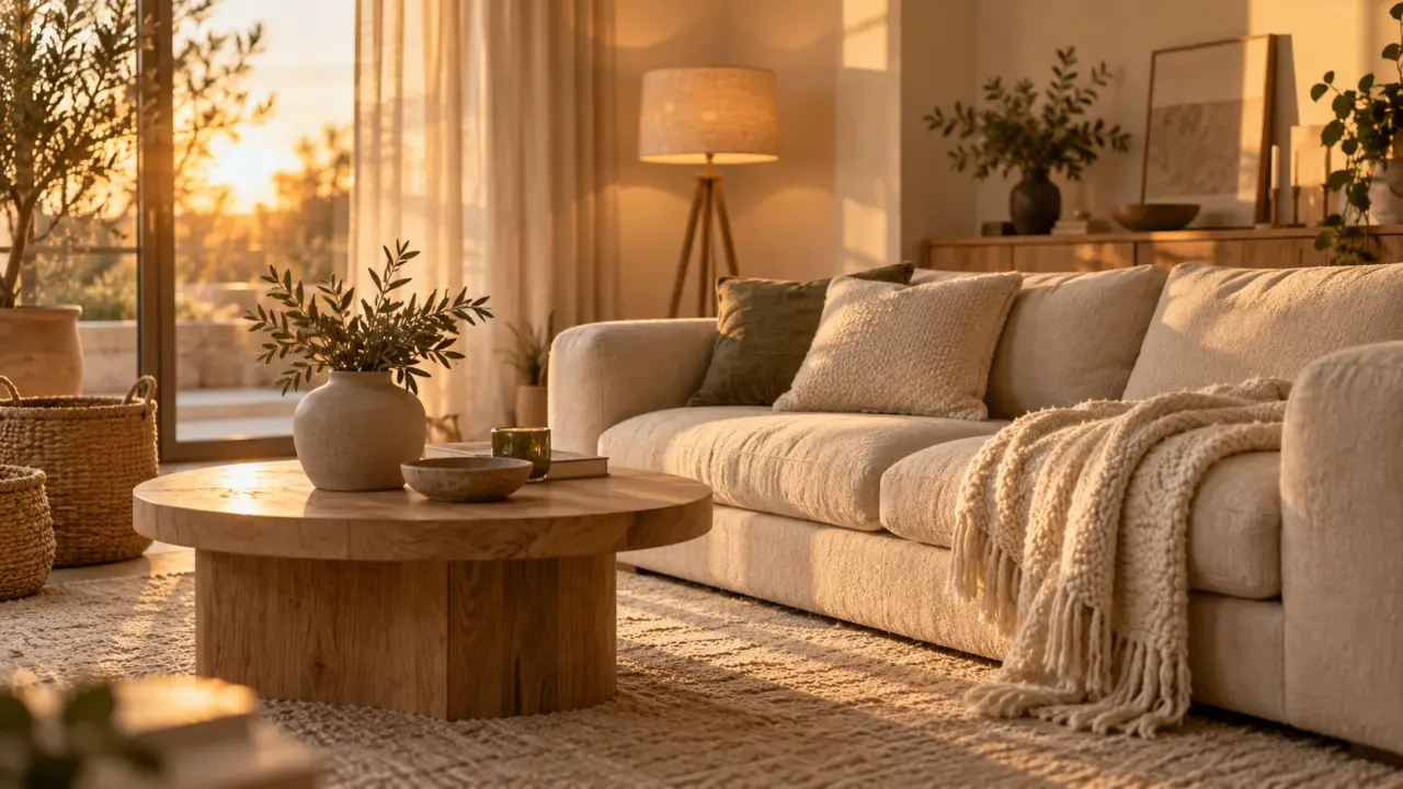 Salon scandinave cocooning lumineux, matières claires et éclairage en strates